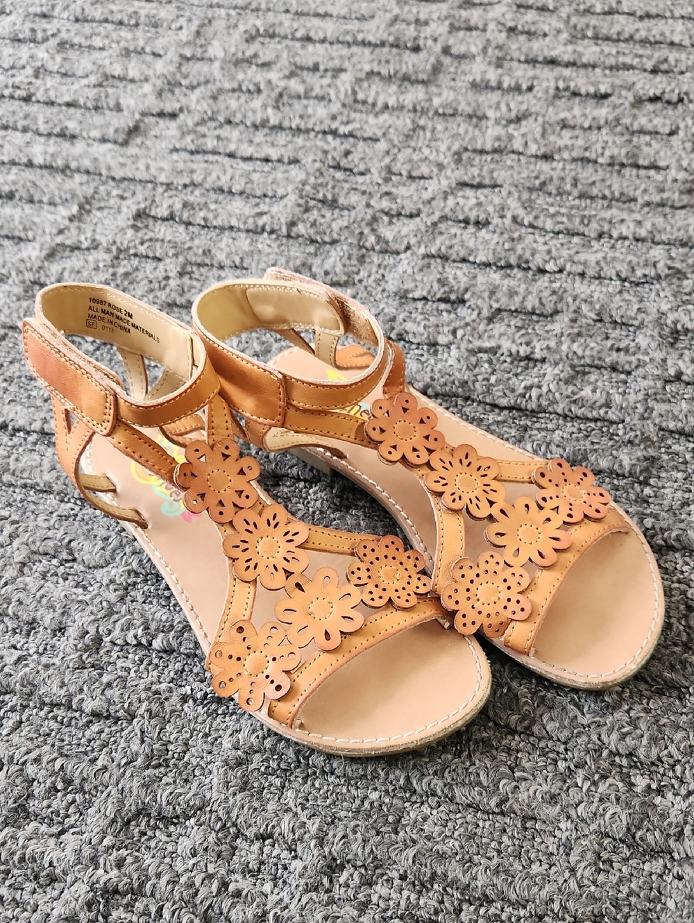 Rachel Shoes Tan Floral Cutout Ankle-Strap Sandals